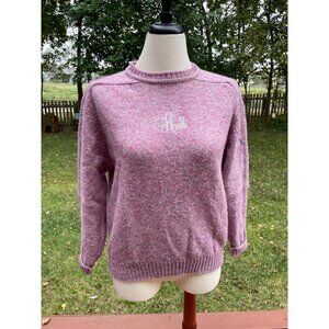 Lands End Shetland Wool Womens Sweater Pink Embroidered Monogram S/M Vintage
